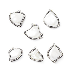 White Natural Freshwater Shell Pendants, Nuggets Charms, with Polymer Clay Rhinestone and Platinum Plated Brass Loops, White, 23.5~34x25~29.5x6~9mm, Hole: 2.5mm