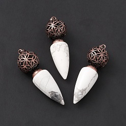 Howlite Natural Howlite Big Pendants, Cone Charms with Rack Plating Brass Hollow Ball, Red Copper, Cadmium Free & Lead Free, 57~58x17.5~18mm, Hole: 8x5mm