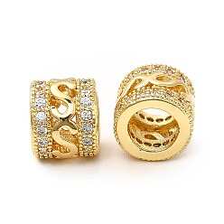 Real 18K Gold Plated Rack Plating Brass Micro Pave Clear Cubic Zirconia European Beads, Large Hole Beads, Column with Letter S, Real 18K Gold Plated, 6x7.5mm, Hole: 4.4mm