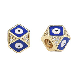 Dark Blue Brass Micro Pave Clear Cubic Zirconia Beads, with Enamel, Real 18K Gold Plated, Octagon with Evil Eye, Nickel Free, Dark Blue, 11x11x8.5mm, Hole: 4mm