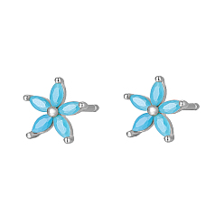 Cyan Cubic Zirconia Flower Stud Earrings, Silver 925 Sterling Silver Post Earrings, Cyan, 7.2mm