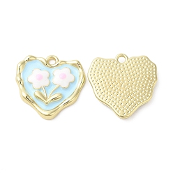 Light Cyan Alloy Eanmel Pendants, Heart with Flower Charm, Golden, Light Cyan, 18x18x2.5mm, Hole: 1.6mm