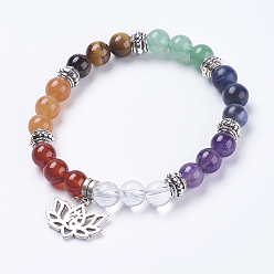 Antique Silver Chakra Jewelry, Natural Mixed Stone Beads Stretch Bracelets, with Alloy Findings, Lotus, Antique Silver, 2-1/4 inch(5.7cm), Pendant: 16x20x1.5mm