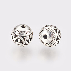 Argent Antique Perles en alliage de style tibétain, rond et creux avec le coeur, argent antique, 11x10mm, Trou: 1.5mm