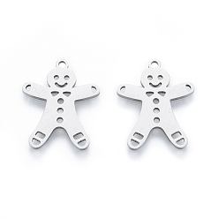 Stainless Steel Color 201 Stainless Steel Pendants, Gingerbread Man, Christmas Style, Stainless Steel Color, 20x16x1mm, Hole: 1.4mm