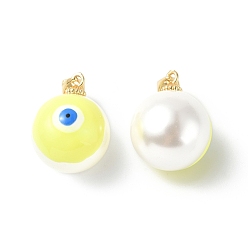 Champagne Yellow Shell Enamel Pendants, with Real 18K Gold Plated Brass Findings, Long-Lasting Plated, Round with Evil Eye Charm, Champagne Yellow, 20x16x17mm, Hole: 3.5x4.5mm