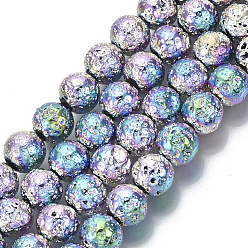 Colorful Electroplated Natural Lava Rock Beads Strands, Round, Bumpy, Colorful, 8.5mm, Hole: 1mm, about 47pcs/Strand, 15.35 inch(39cm)