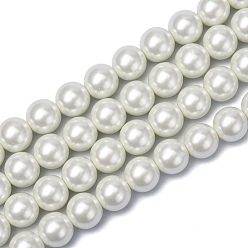 White Eco-Friendly Glass Pearl Beads Strands, Grade A, Round, Dyed, Cotton Cord Threaded, White, 14mm, Hole: 1.2~1.5mm, about 30pcs/strand, 15.7 inch