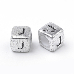 Letter J Plated Acrylic Beads, Horizontal Hole, Cube with Letter, Antique Silver, Letter.J, 6mm, Hole: 3mm, about 3000pcs/500g