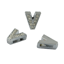 Letter V Alloy Initial Slide Charms with Grade A Rhinestones, Lead Free & Nickel Free, Platinum, Letter.V, 12~13x8~13x4~5mm, Hole: 8x2mm