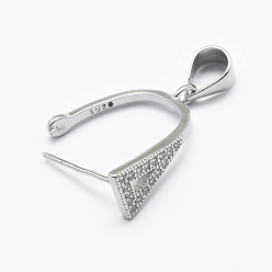 Platinum Rhodium Plated 925 Sterling Silver Micro Pave Cubic Zirconia Pendant Bails, Ice Pick & Pinch Bails, Triangle, Platinum, 15x6.5x13mm, Hole: 3.5x5mm, pin: 0.6mm