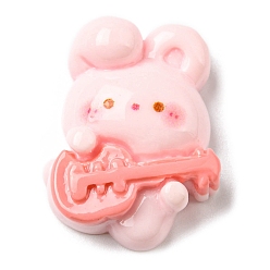 Pink Musical Theme Opaque Resin Cabochons, Rabbit with Guitar, Pink, 25x18.5x7.5mm