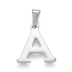 Letter A 304 Stainless Steel Pendants, Stainless Steel Color, Initial Letter.A, 19x17x1.8mm, Hole: 3x7mm
