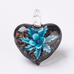 Светло-Синий Подвески лэмпворк ручной работы, со цветком внутри , сердце, голубой, 38x33x16 мм, отверстие : 6x6 мм