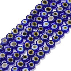 Azul Oscuro Hechos a mano de cristal de murano mal de ojo planas hebras de perlas redondas, azul oscuro, 6x3 mm, agujero: 1 mm, sobre 65 unidades / cadena, 14 pulgada