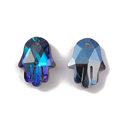 Blue Electroplate Transparent Glass Pendants, Back Plated, Faceted, Hamsa Hand Charms, Blue, 18x13.5x5.5mm, Hole: 1.6mm