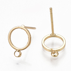 Real 18K Gold Plated Brass Stud Earring Findings, with Loop, Ring, Real 18K Gold Plated, 12.5x10mm, Hole: 1.4mm, Pin: 0.7mm