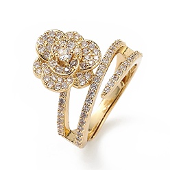 Настоящее золото 18K Регулируемое кольцо с цветком из прозрачного кубического циркония, украшения из латуни для женщин, без свинца и без кадмия, реальный 18 k позолоченный, внутренний диаметр: 17 мм