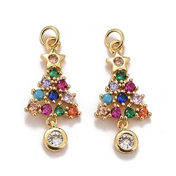 Colorful Cubic Zirconia Pendants, with Rack Plating Real 18K Gold Plated Brass, with Jump Rings, Long-Lasting Plated, Lead Free & Cadmium Free & Nickel Free, Christmas Trees, Colorful, 22.5x11x2mm, Jump Ring: 4x0.6mm, 2.5mm Inner Diameter