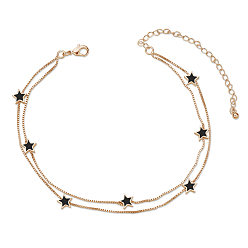 Rose Gold SHEGRACE Brass Multi-Strand Anklets, with Epoxy Resin and Box Chains, Star, Black, Rose Gold, 8-1/4 inch(21cm)