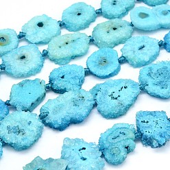 Light Sky Blue Dyed Natural Druzy Geode Agate Nugget Bead Strands, Light Sky Blue, 20~26x19~25x7~8mm, Hole: 1mm, about 19~20pcs/strand, 17.3 inch
