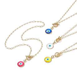 Mixed Color Flat Round Glass Evil Eye Pendant Necklaces, Golden Tone Brass Chain Necklaces for Women, Mixed Color, 17.72 inch(45cm)