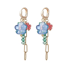 Colorful Lampwork Flower & Glass & Chain Tassel Long Dangle Hoop Earrings, Gold Plated Brass Drop Earrings for Women, Colorful, 42mm, Pin: 0.9mm