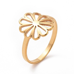 Golden Ion Plating(IP) 201 Stainless Steel Flower Finger Ring, Hollow Wide Ring for Women, Golden, US Size 6 1/2(16.9mm)