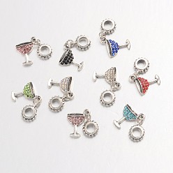 Mixed Color Large Hole Alloy Glass Rhinestone European Dangle Charms, Cocktail Glass, Antique Silver, Mixed Color, 28mm, Hole: 4.5mm