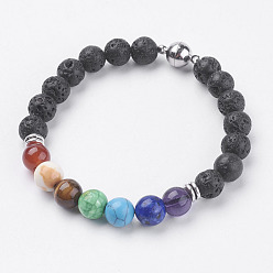 Mixed Stone Natural Lava Rock Beads Stretch Bracelets, with Synthetic & Natural Mixed Stone, Magnetic Clasp and Alloy Findings, 7-5/8 inch(195mm)