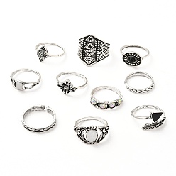 Plata Antigua Conjuntos de anillos de dedo de aleación de zinc, para mujeres, rombo y triángulo y flecha y redondo plano y pluma, plata antigua, 1.5~20 mm, diámetro interior: 14.7~18.1 mm, 10 PC / sistema