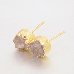 Thistle Flat Round Natural Druzy Agate Stud Earrings, with Golden Plated Brass Findings, Thistle, 10x6~7mm, Pin: 0.8mm.