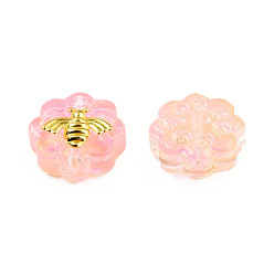 Pink Transparent Spray Painted Glass Beads, with Golden Plated Brass Findings, Flower with Bees, Pink, 12x12x5mm, Hole: 1mm