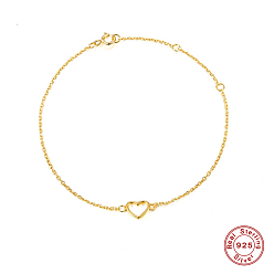 Настоящее золото 18K 925 женский браслет из стерлингового серебра с полым сердцем, реальный 18 k позолоченный, 7-1/2 дюйм (19 см)