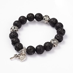 Noir Bracelets extensibles à breloques en perles de lave croix, avec les accessoires en alliage de style tibétain, noir, 65mm