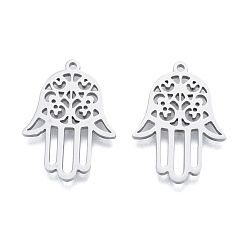 Stainless Steel Color 201 Stainless Steel Pendant, Hollow Charms, Hamsa Hand/Hand of Miriam with Flower, Stainless Steel Color, 27x19x1.5mm, Hole: 1.4mm