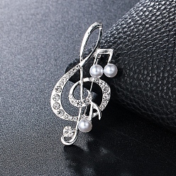 Platino Broche de nota musical de diamantes de imitación de cristal con cuentas de perlas de imitación, insignia de aleación para ropa de mochila, Platino, 54x25 mm