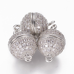 Platinum Brass Micro Pave Cubic Zirconia Magnetic Clasps with Loops, Round, Clear, Platinum, 15~15.5x10mm, Hole: 1.4mm