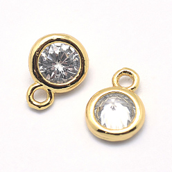 Real 18K Gold Plated Brass Cubic Zirconia Pendants, Flat Round Charms, Lead Free & Cadmium Free, Real 18K Gold Plated, 7x5x2.5mm, Hole: 1mm