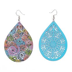 Colorful Spray Painted Stainless Steel Teardrop Dangle Earrings, Etched Metal Embellishments, with Iron Earring Hooks, Stainless Steel Color, Colorful, 78mm, Pin: 0.7mm