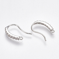 Real Platinum Plated Brass Earring Hooks, with Cubic Zirconia and Horizontal Loop, Nickel Free, Real Platinum Plated, 16x12x2mm, Hole: 1mm, 20 Gauge, Pin: 0.8mm