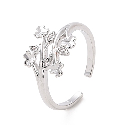 Платина Открытое кольцо-манжета из прозрачного циркония с клевером и листьями, украшения из латуни для женщин, платина, внутренний диаметр: 16 мм