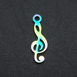 Rainbow Color Ion Plating(IP) 201 Stainless Steel Pendants, Laser Cut, Musical Note, Rainbow Color, 16.5x5x1mm, Hole: 1.6mm