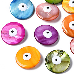 Mixed Color Natural Freshwater Shell Beads, with Enamel, Double-Faced, Flat Round with Evil Eye, Dyed, Mixed Color, 24~25x5~6mm, Hole: 0.9mm