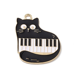 Noir Charme de thème musical, Pendentifs en émail , chat avec piano, or, noir, 28x22.5x1.2mm, Trou: 2mm