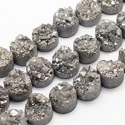 Gray Electroplated Natural Druzy Quartz Crystal Bead Strands, Flat Round, Dyed, Gray, 7~12x5~10mm, Hole: 1.5mm, about 16pcs/strand, 7.8 inch