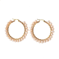 Golden 304 Stainless Steel Hoop Earrings, with Potato Natural Cultured Freshwater Pearls and Copper Wire, Ring Shape, Golden, 49x45.5mm, Pin: 0.7mm