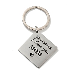 Rhombus Cadeau de fête des mères 201 mot en acier inoxydable rappelez-vous je t'aime maman porte-clés, avec les principaux anneaux de fer, losange, 72.50mm