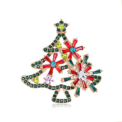 Colorful Christmas Tree Rhinestone Brooch Pin, Light Gold Alloy Brooch for Backpack Clothes, Colorful, 43x41mm