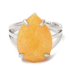 Yellow Jade Natural Yellow Jade Teardrop Adjustable Rings, Platinum Brass Ring, Lead Free & Cadmium Free, US Size 7(17.3mm)